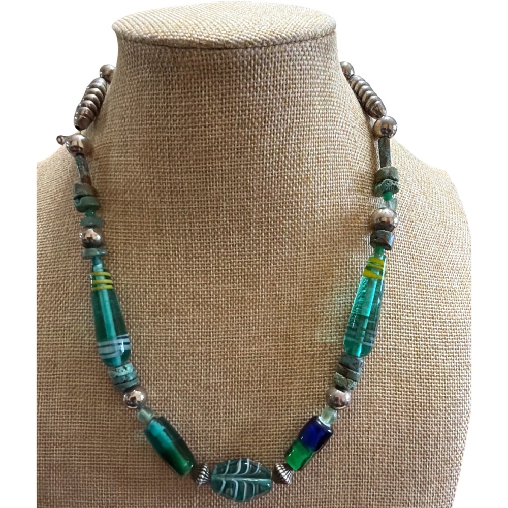 Artisan Teal Hand Blown Glass Turquoise Beaded Leaf Statement Necklace Boho